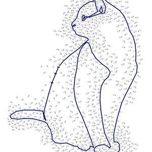 May include: A connect-the-dots activity featuring a black and white outline of a cat. The numbers 1 through 600 are scattered around the image, with the numbers 1 and 600 connected by a thick black line.