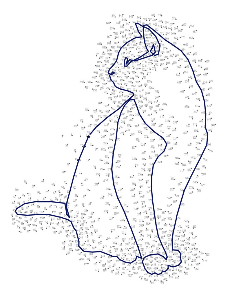 May include: A connect-the-dots activity featuring a black and white outline of a cat. The numbers 1 through 600 are scattered around the image, with the numbers 1 and 600 connected by a thick black line.