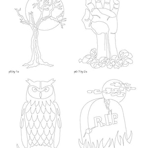 May include: A black and white line drawing of four Halloween themed images. The images include a spooky tree with a full moon, a zombie hand rising from the ground, an owl, and a tombstone with the words "RIP" on it.