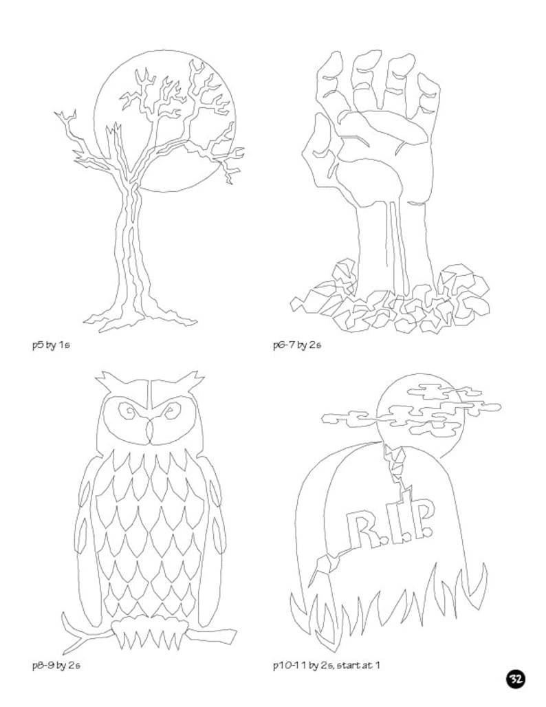 May include: A black and white line drawing of four Halloween themed images. The images include a spooky tree with a full moon, a zombie hand rising from the ground, an owl, and a tombstone with the words "RIP" on it.