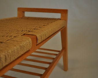 Danish cord- Scandinavian modern wood bench with shelf - Mid Century Modern