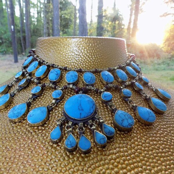 Afghan Vintage Turquoise Necklace*Boho Jewelry*Handcrafted*Tribal Jewelry*Gypsy*Ethnic*Bohemian Waterfall Necklace***SN1403***FREE SHIPPING