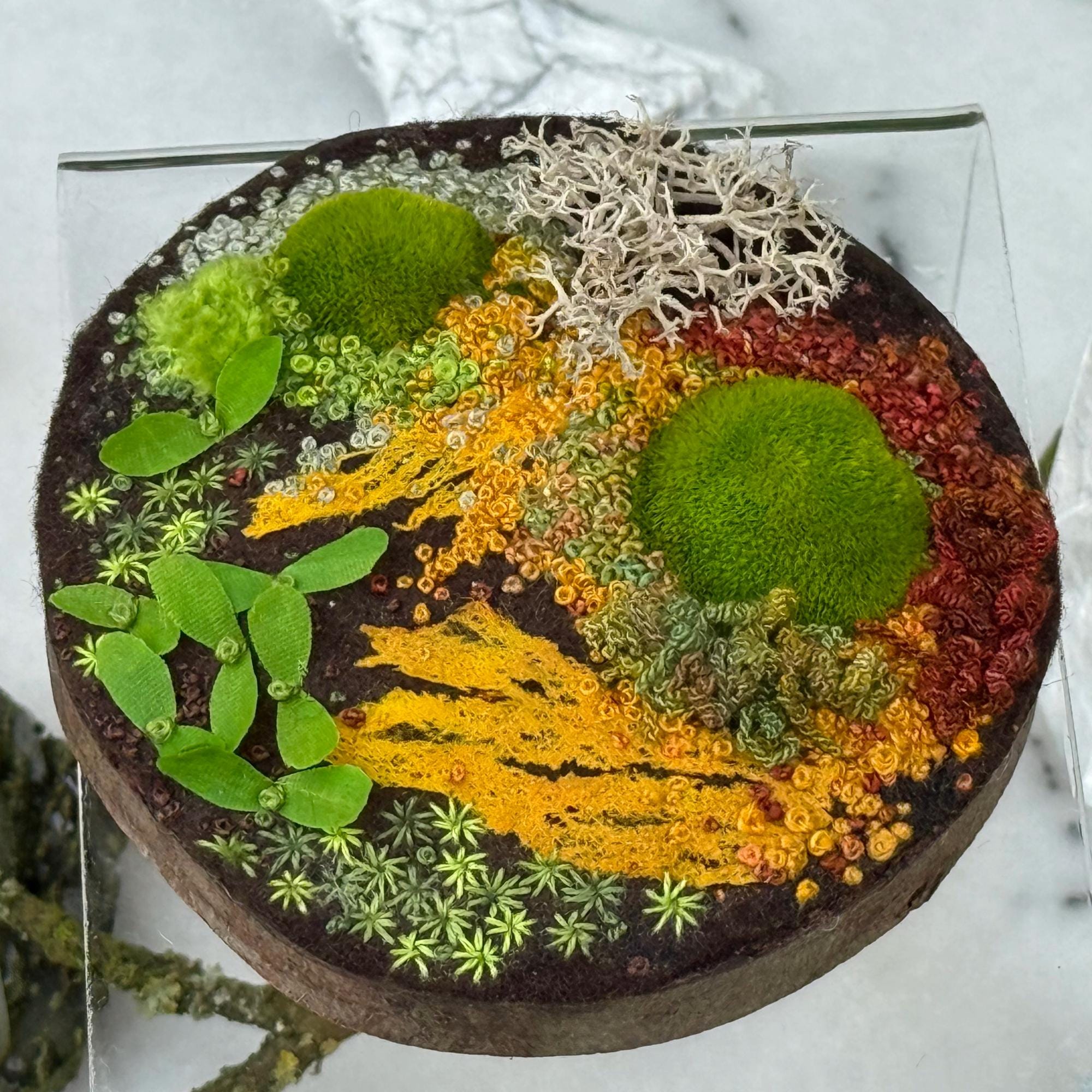 Handmade Moss & Birch Wood Embroidery Ornament: Forest Woodland Decor