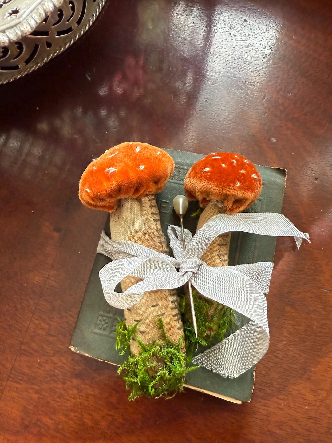 Embroidered Toadstools Embroidered Silk Velvet Toadstools on Antique Book With Hat Pin (8x10cm ...