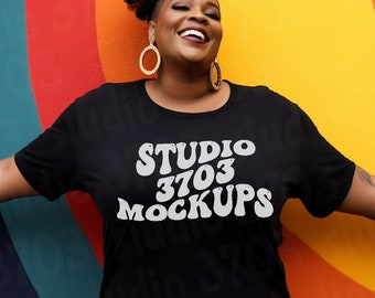 Schwarzes Modell-Mockup, schwarzes Hemd-Mock-Up, kurvige Modell-Mock-Up-Schwarz-T-Shirt, schwarzes Frauen-Mockup Plus Size, afroamerikanisches weibliches Modell