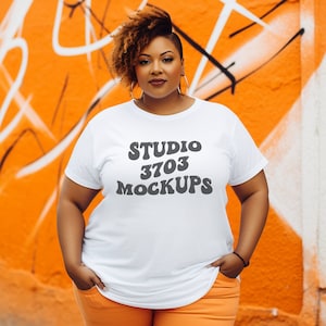 Plus Size Black Model Mockup, White Shirt Mock Up, white T-Shirt mockup, Black Woman Mockup, African American Female Model, Gildan Mockup