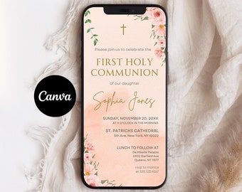 Digital Dusty Rose Watercolor First Communion Invitation, Electronic Girl First Holy Communion Invite, Editable Invitation Template, Iphone