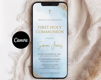 Digital Blue Watercolor First Communion Invitation, Electronic Boy First Holy Communion Invite, Editable Invitation Template, Text Message