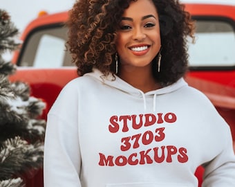 Mockup Black Model, Christmas Hoodie Mockup, White Gildan 18500 Hoodie Sweatshirt Mockup, Black Girl Mockup, African American Model