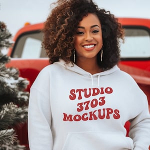 Mockup Black Model, Christmas Hoodie Mockup, White Gildan 18500 Hoodie Sweatshirt Mockup, Black Girl Mockup, African American Model