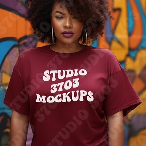 Black Model Mockup, Maroon Shirt Mock Up, Curvy Model Mock Up Maroon T-Shirt, Black Woman Mockup Natural Hair, African American Female Model