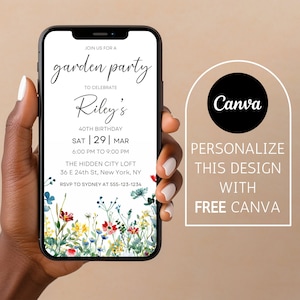May include: A smartphone mockup displaying a garden party invitation for Riley's 40th birthday. The invitation features a floral design with a white background and black text. The text reads "Join us for a garden party to celebrate Riley's 40th Birthday. Sat | 29 | Mar 6:00 PM to 9:00 PM The Hidden City Loft 36 E 24th St, New York, NY RSVP to Sydney at 555-123-1234".