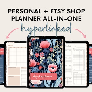 May include: A digital planner for Etsy sellers and personal use. The planner features a floral design with pink, blue, and yellow flowers on a dark blue background. The text "etsy shop planner" is visible on the cover. The planner includes sections for tracking sales, inventory, and social media.