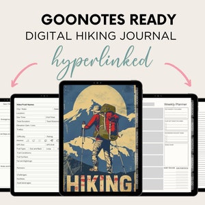 May include: A digital hiking journal for Goodnotes, featuring a retro-style illustration of a hiker on a mountain. The journal includes pages for planning hikes, tracking progress, and recording notes. The journal is hyperlinked for easy navigation.