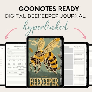 May include: A digital beekeeper journal for Goodnotes, featuring a bee illustration and the text "Beekeeper". The journal includes a to-do list, weekly planner, and beekeeping log book.