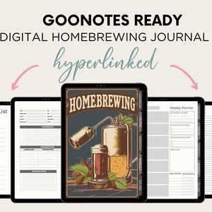 May include: A digital homebrewing journal for Goodnotes, featuring a vintage-style illustration of a beer brewing process. The journal includes a to-do list, weekly planner, and logbook pages.
