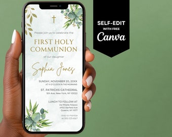 デジタル初聖体拝領招待状テンプレート、電子初聖体拝領招待状、男の子用、女の子用、編集可能な洗礼招待状テンプレート