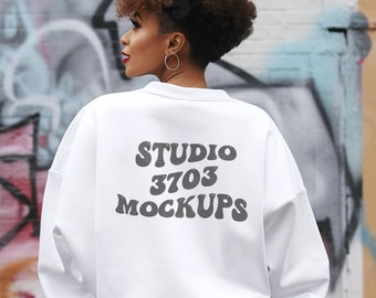 Back of Sweatshirt Mockup Black Model, White Gildan 18000 Sweatshirt Mockup, Black Girl Mockup, African American Woman White Sweater Mock Up