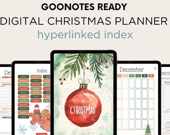Puede incluir: Un planificador de Navidad digital con un índice hipervinculado. La portada presenta una ilustración de acuarela de una bola de Navidad roja colgando de una rama de pino. El planificador incluye secciones para el calendario de diciembre, la lista de regalos, el presupuesto y más.