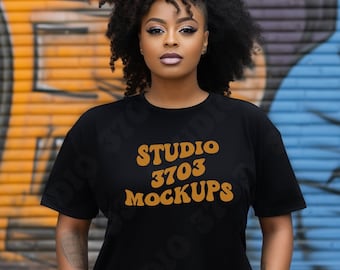 Black Model Mockup, Gildan Black Shirt Mock Up, Curvy Model Mock Up Black T-Shirt, Black Woman Mockup , African American Female Model