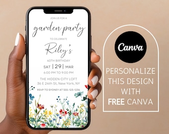 Digital Garden Party Invitation, Electronic Wildflower Birthday Invitation, 40th Birthday Evite, Floral Invite Template, Editable Canva