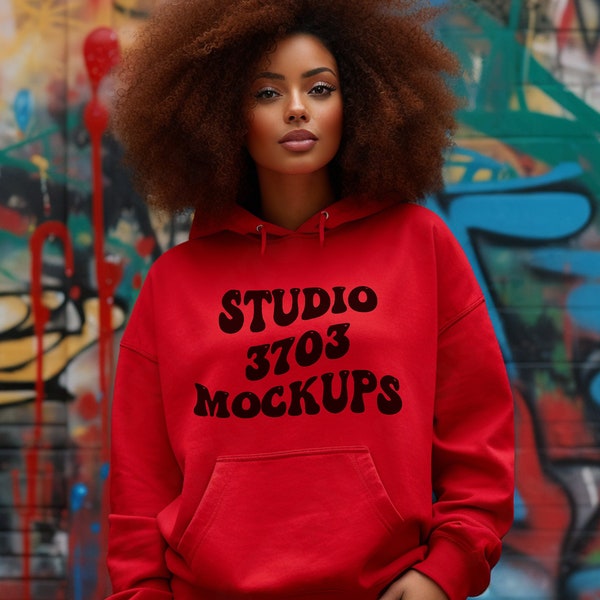 Mockup Black Model, Red Gildan 18500 Hoodie Sweatshirt Mockup, Black Girl Mockup, African American Woman, Red Hooded Sweater Mock Up