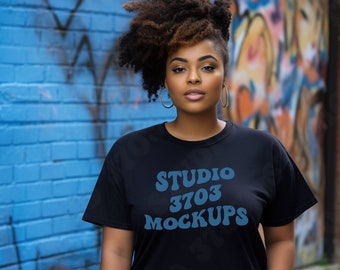 Black Model Mockup, Gildan Black Shirt Mock Up, Curvy Model Mock Up Black T-Shirt, Black Woman Mockup , African American Female Model