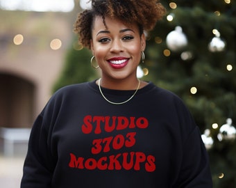 Christmas shirt Mockup, Black Model,  Black Gildan 18000 Sweatshirt Mockup, Black Woman Mockup, African American Black Sweater Mock Up
