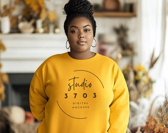 Fall Sweatshirt Mockup Black Model, Yellow Gildan Sweatshirt Mockup, Black Girl Mockup, African American Yellow sweater Mock Up, Afrocentric