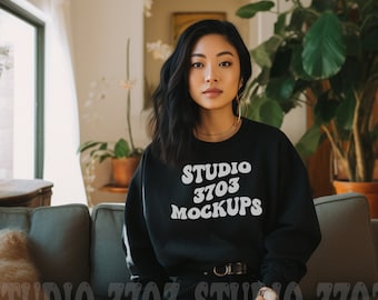 Sweatshirt Mockup Asian Model, Black Gildan 18000 Sweatshirt Mockup, Asian Girl Mockup, Black Sweater Mock Up, Modeled Gildan Sweatshirt
