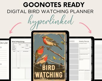 May include: A digital planner for bird watching with a vintage style cover featuring a bird illustration. The planner includes a to-do list, a bird watching log book, a weekly planner, and a notes section. The planner is hyperlinked, making it easy to navigate between different sections.
