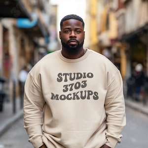 Sweatshirt Mockup Black Model, Sand Gildan 18000 Sweatshirt Mockup, Black Man Mockup, African American Man, Sand Sweatshirt Mock Up
