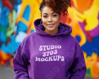 Mockup Black Model, Purple Gildan 18500 Hoodie Sweatshirt Mockup, Black Woman Mockup, African American Woman, Purple Sweater Mock Up