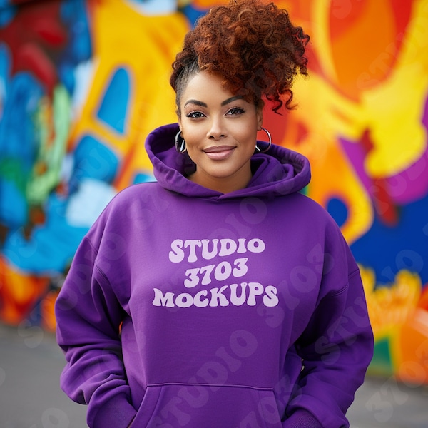 Mockup Black Model, Purple Gildan 18500 Hoodie Sweatshirt Mockup, Black Woman Mockup, African American Woman, Purple Sweater Mock Up