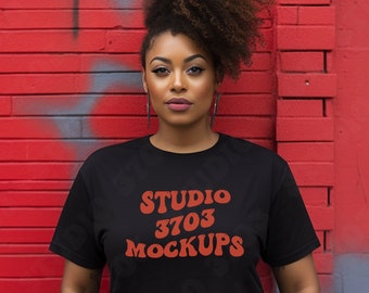 Black Model Mockup, Gildan Black Shirt Mock Up, Curvy Model Mock Up Black T-Shirt, Black Woman Mockup , African American Female Model
