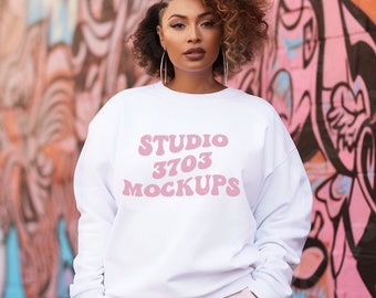 Sweatshirt Mockup Black Model, White Gildan 18000 Sweatshirt Mockup, Black Girl Mockup, African American Woman White Sweater Mock Up
