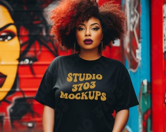 Black Model Mockup, Gildan Black Shirt Mock Up, Curvy Model Mock Up Black T-Shirt, Black Woman Mockup , African American Female Model