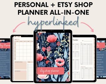 May include: A digital planner for Etsy sellers and personal use. The planner has a floral design with pink, blue, and yellow flowers on a dark blue background. The text "etsy shop planner" is visible on the cover. The planner includes sections for tracking sales, inventory, and social media.