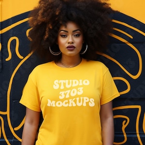 Black Model Mockup, Yellow Gold Bella Canvas 3001 Mockup, Plus Size Mockup, Black Woman Mockup, African American, Aesthetic shirt Mockup