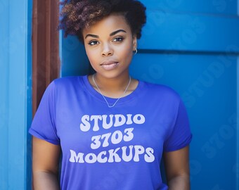 Black Model Mockup, Blue Shirt Mock Up, Curvy Model Mock Up Blue T-shirt, Black Woman Mockup Natural Hair, African American Female Model