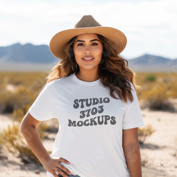 Latina Model Mockup, White Bella Canvas 3001 Mockup, Latina Woman Mockup, Latina American, Aesthetic shirt Mockup, Desert Mockup Boho Mockup