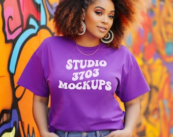 Purple T-Shirt Mockup, Curvy Black Woman Model (Digital Download)