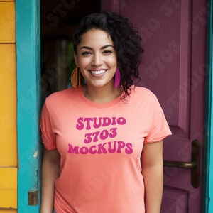 Latina Model Mockup, Sunset Bella Canvas 3001 Mockup, Mockup, Latina Woman Mockup, Aesthetic Mockup, Colorful Shirt Mockup