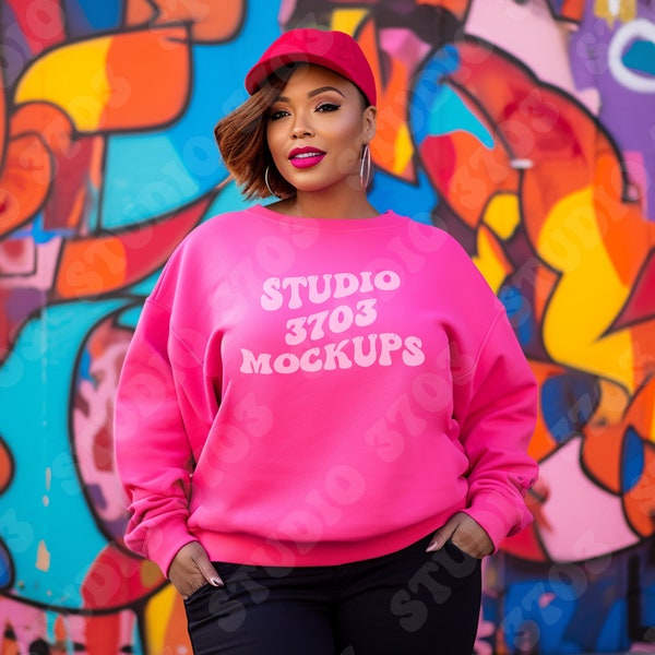 Sweatshirt Mockup Black Model, Heliconia Pink Gildan Sweatshirt Mockup, Black Girl Mockup, African American Woman, Pink sweater Mock Up