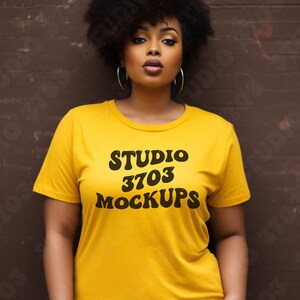 Black Model Mockup, Yellow Gold Bella Canvas 3001 Mockup, Plus Size Mockup, Black Woman Mockup, African American, Aesthetic shirt Mockup
