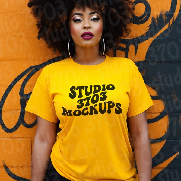 Black Model Mockup, Yellow Gold Bella Canvas 3001 Mockup, Plus Size Mockup, Black Woman Mockup, African American, Aesthetic shirt Mockup