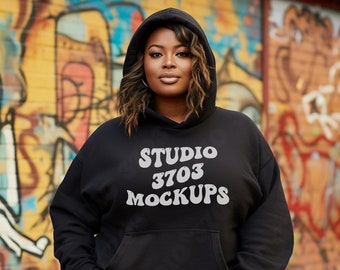Mockup schwarzes Modell, schwarzes Gildan 18500 Hoodie-Sweatshirt-Mockup, schwarzes Mädchen-Mockup, afroamerikanische Frau, schwarzer mit Kapuze Pullover-Mock Up