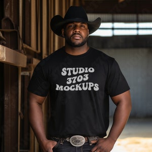 Black Model Mockup, Black Bella Canvas 3001 Shirt Mockup, Black Cowboy T-Shirt Mockup, African American, Farm Mockup | Black Men Mockups