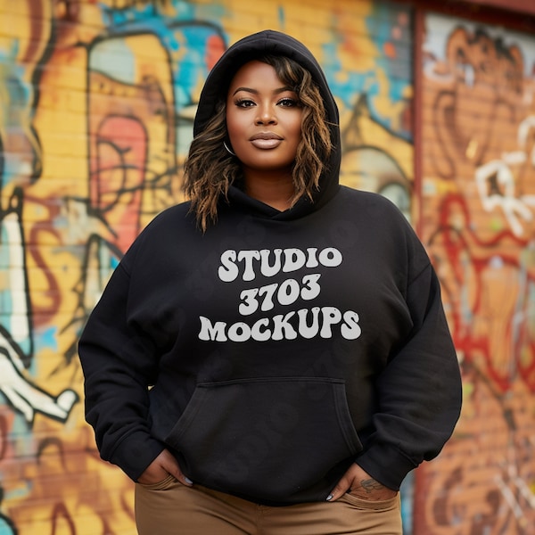 Mockup Black Model, Black Gildan 18500 Hoodie Sweatshirt Mockup, Black Girl Mockup, African American Woman, Black Hooded Sweater Mock Up