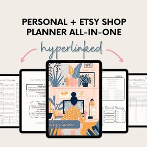 Puede incluir: Un planificador digital para propietarios de tiendas Etsy y uso personal. El planificador está hipervinculado e incluye secciones para presupuestos, comenzar, planificación personal, índice y marketing y promoción. El planificador está ilustrado con una mujer trabajando en una computadora en una oficina en casa.